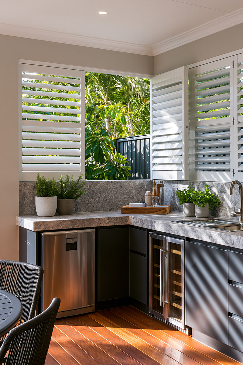 Aluminium shutters on an outdoor kitchen corner window