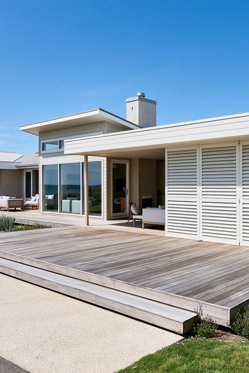 Aluminium shutters on an alfresco deck at a coastal home