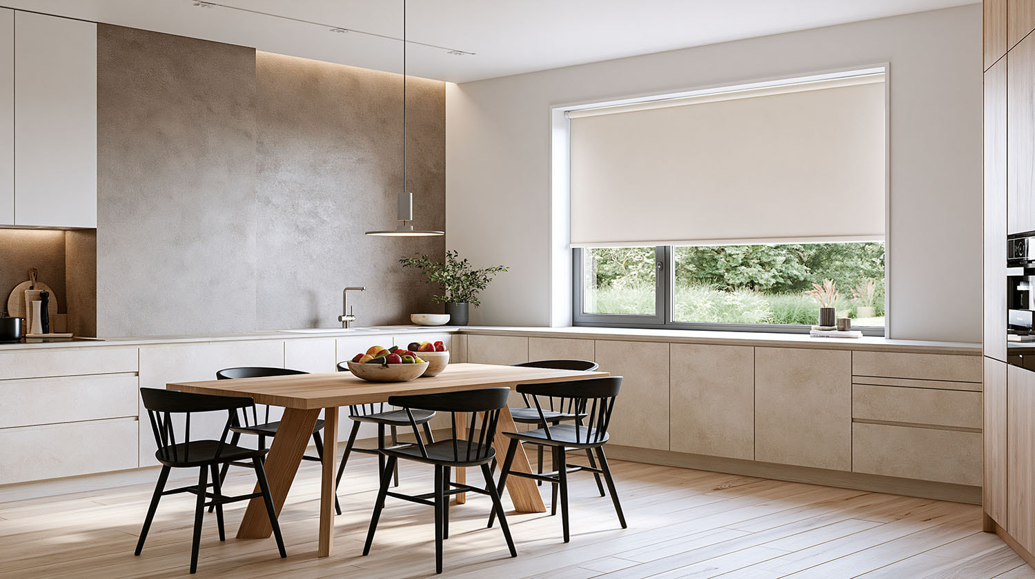 Blockout roller blind in a bright kitchen and dining area