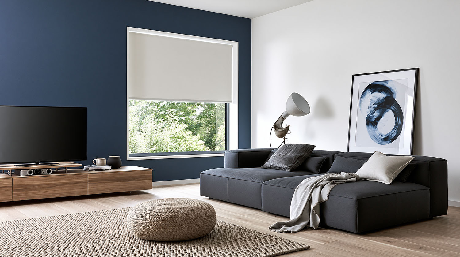 Blockout roller blind in a modern dark media room