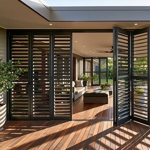 Matte black aluminium bi-fold outdoor shutters